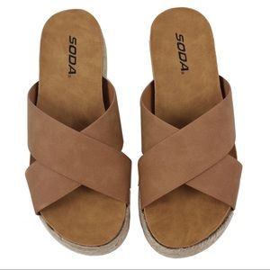 Brown Open Toe Criss Cross Flatform Wedge